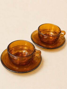 Set of Duralex Amber Glass Espresso Cups and Saucers (Made in France)